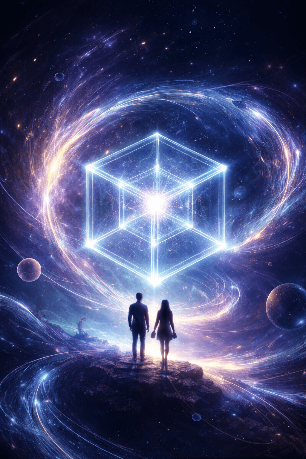 Hyperspace scene with glowing tesseract